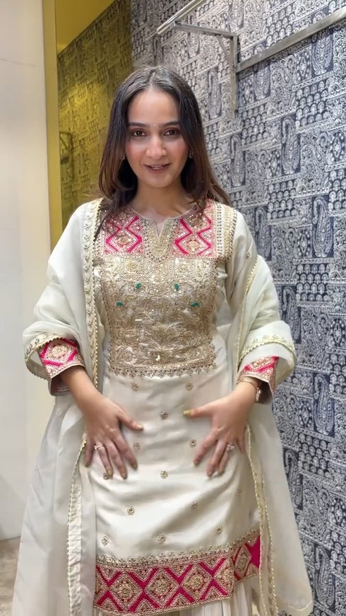 Ivory & Pink Handcrafted Embroidered Kurta Set with Sharara & Dupatta